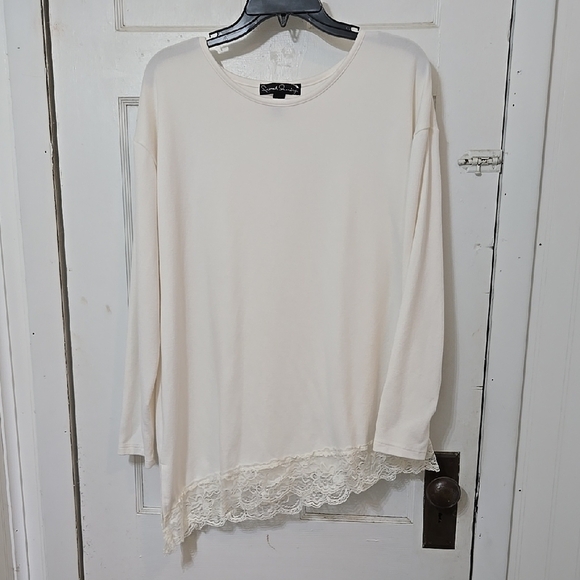 FRENCH LAUNDRY Women's Cream ASYMMETRICAL LACE HEM TOP XL LONG SLEEVE PRETTY - Picture 1 of 7